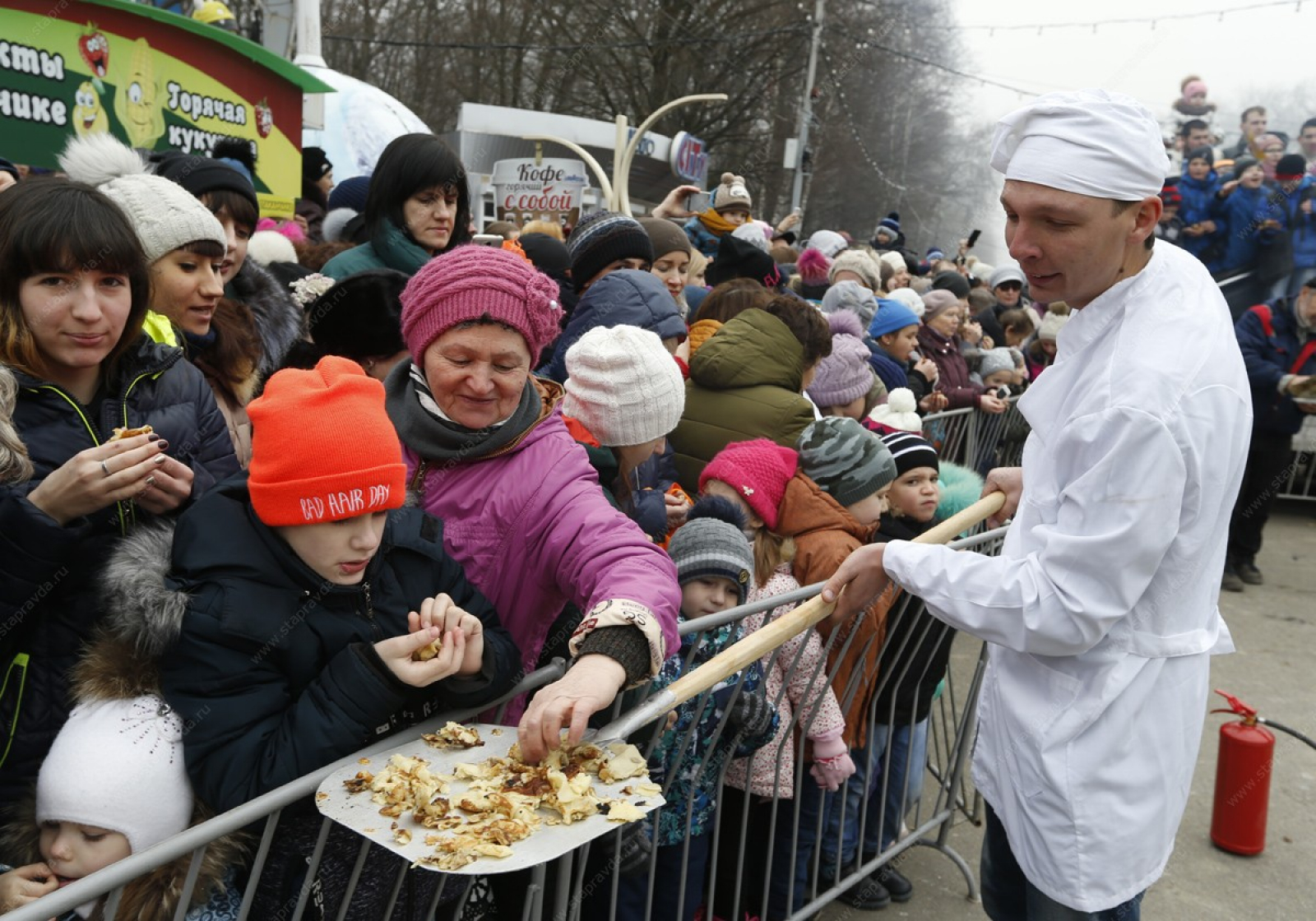 Pancakes served on showels to the crowd during some fucked up russian celebration years ago